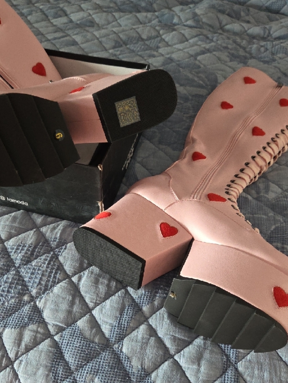 Pink Platform Lace-Up Boots with Red Heart Appliqués - Picture 4 of 5